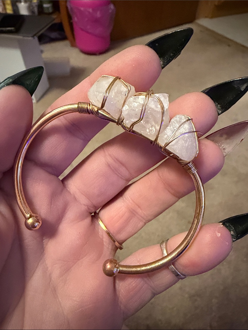 Hand Crafted Rose Gold Wire Bracelet with Raw Clear Quartz